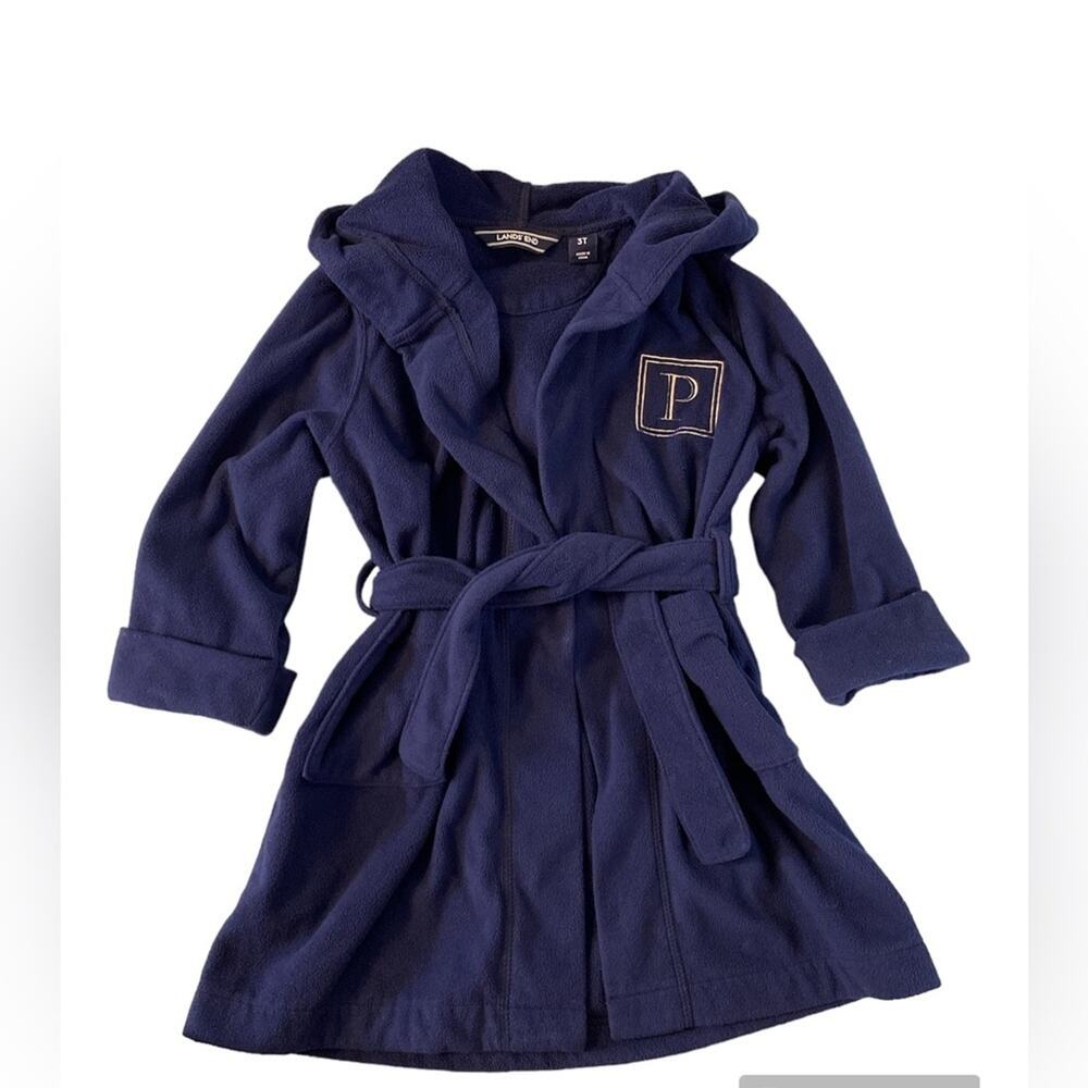 Lands’ End Navy Hooded Fleece Robe With Monogram P Size 3T